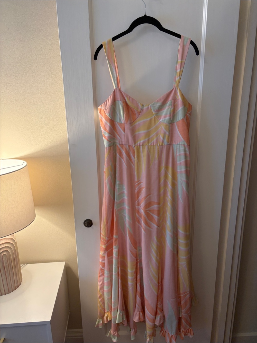Hutch Pink, Yellow and Mint Palm-Print Midi Slip Dress